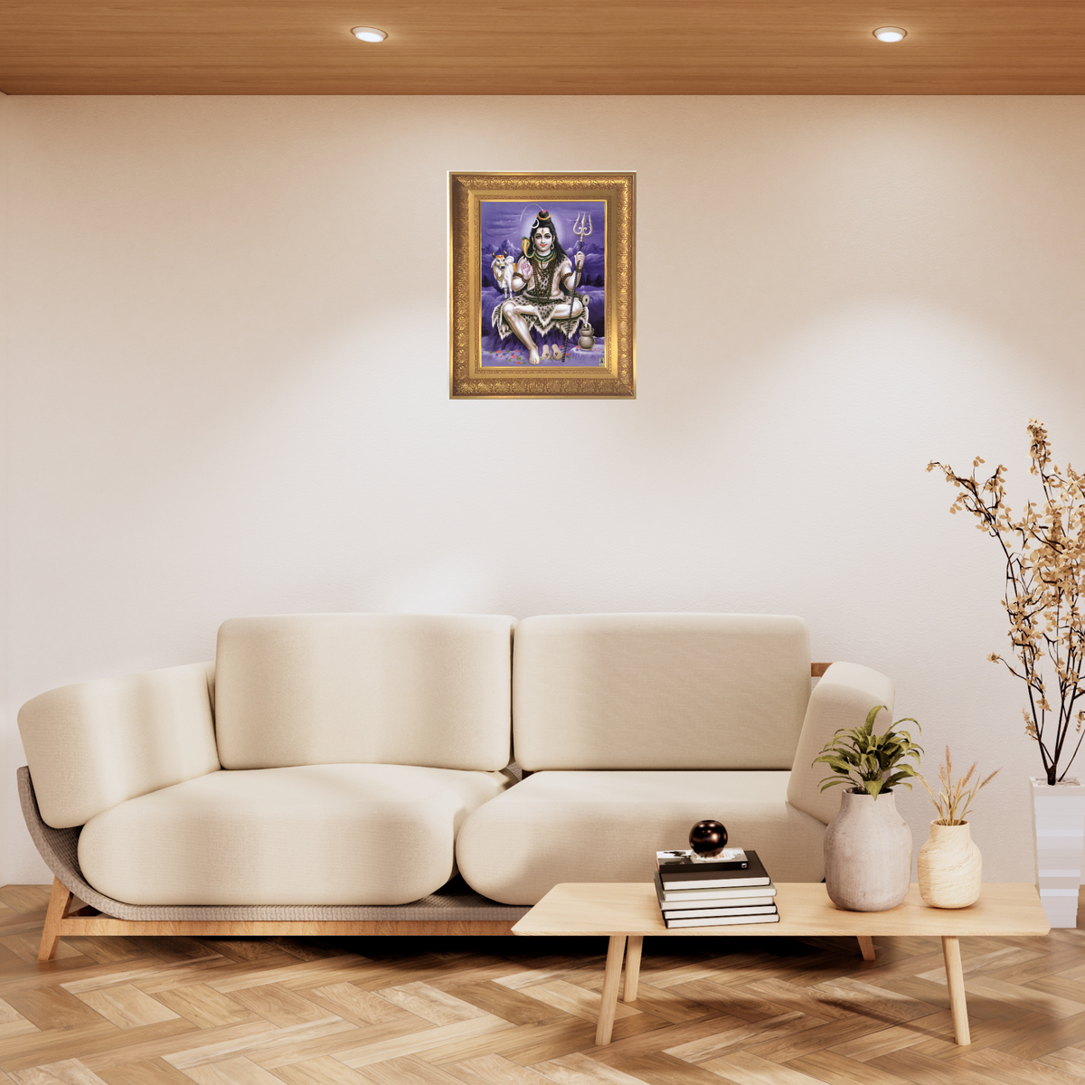 Premium Lord Shiva Wall Art – Mahadev Shiva with Nandi and Trishul Hindu God Devotional Photo Frame
