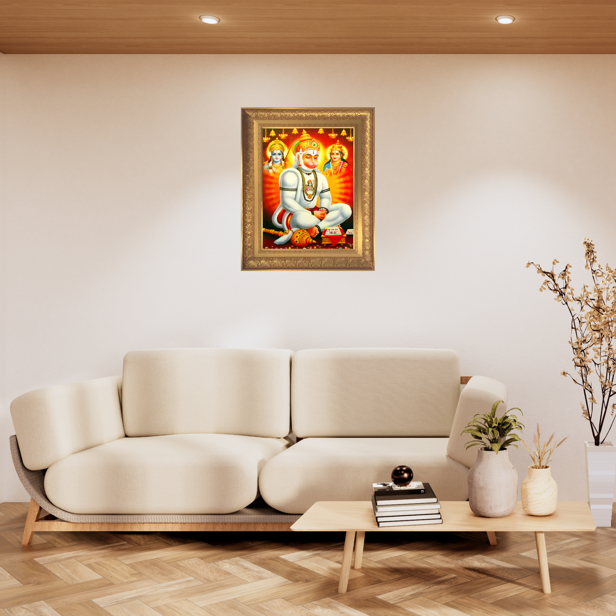 Premoium Lord Hanuman Wall Art – Devotional Hanuman with Lord Rama & Sita Hindu God Photo Frame