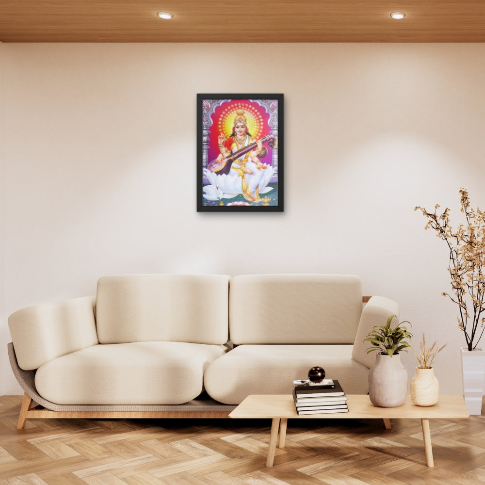 Goddess Saraswati Wall Art – Maa Saraswati Veena Hindu Goddess Photo Frame for Home & Puja Room  Description