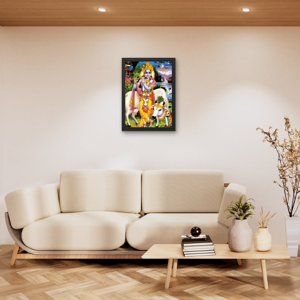 Lord Krishna with Cows Wall Art – Shri Krishna Playing Flute Hindu God Photo Frame