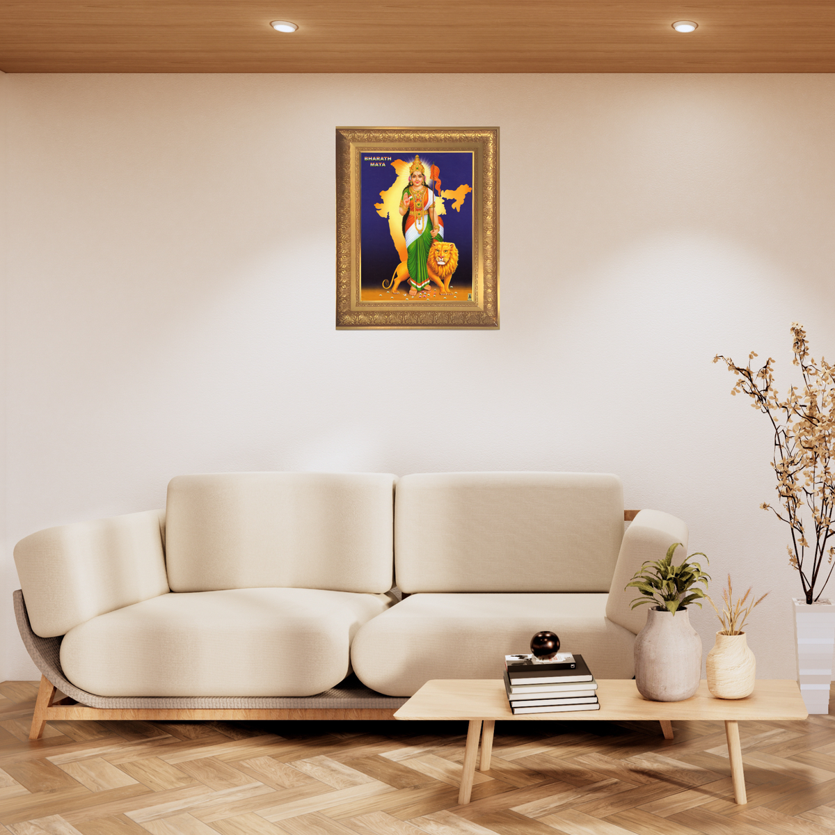 Premium Bharat Mata Wall Art – Mother India with Lion and National Flag Hindu Devotional Photo Frame