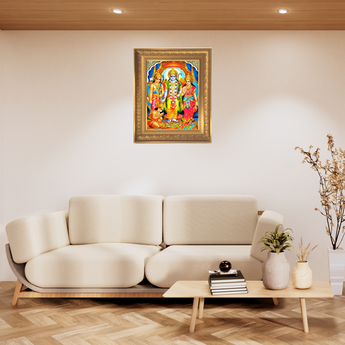 Premium Lord Rama Wall Art – Ram Darbar with Sita, Lakshmana & Hanuman Hindu God Photo Frame