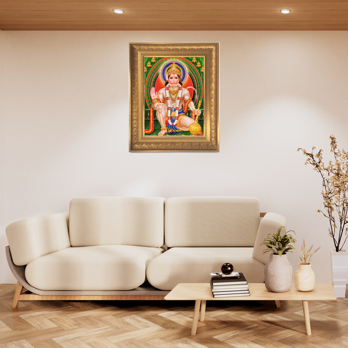Premium Lord Hanuman Wall Art – Seated Lord Hanuman with Gada Hindu God Photo Frame