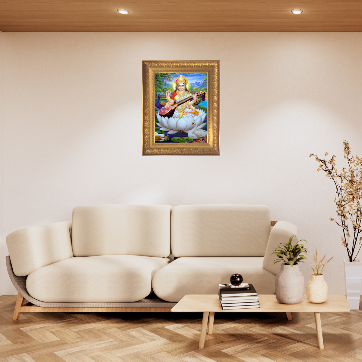 Premium Goddess Saraswati Wall Art – Maa Saraswati with Veena Hindu Goddess Photo Frame