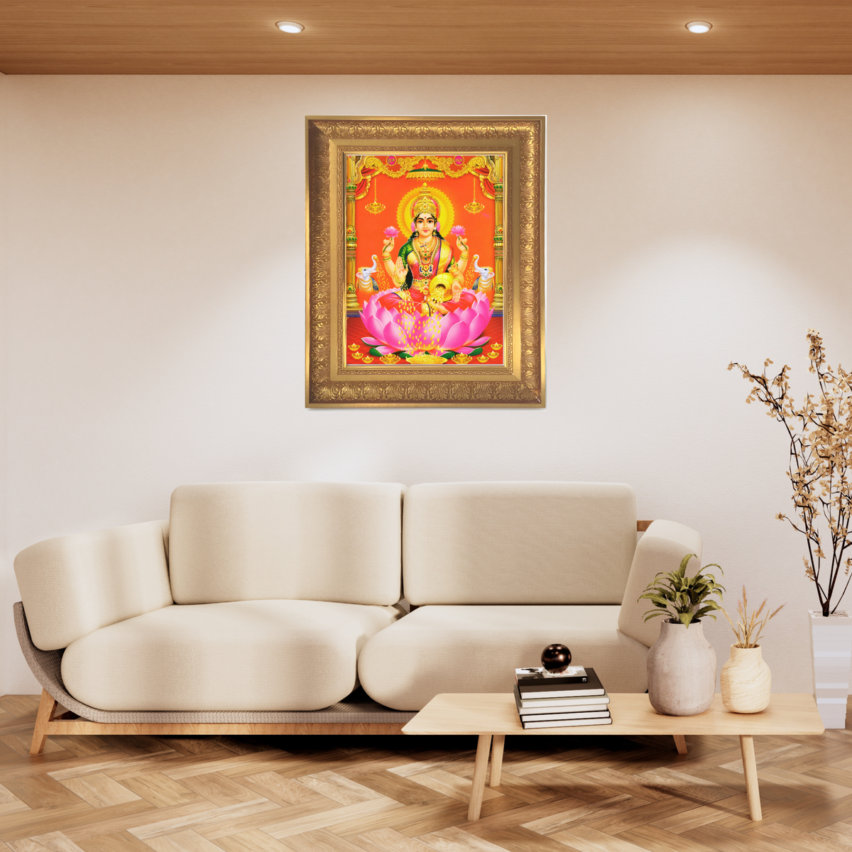 Premium Goddess Lakshmi Wall Art – Maa Lakshmi with Elephants Hindu Goddess Photo Frame
