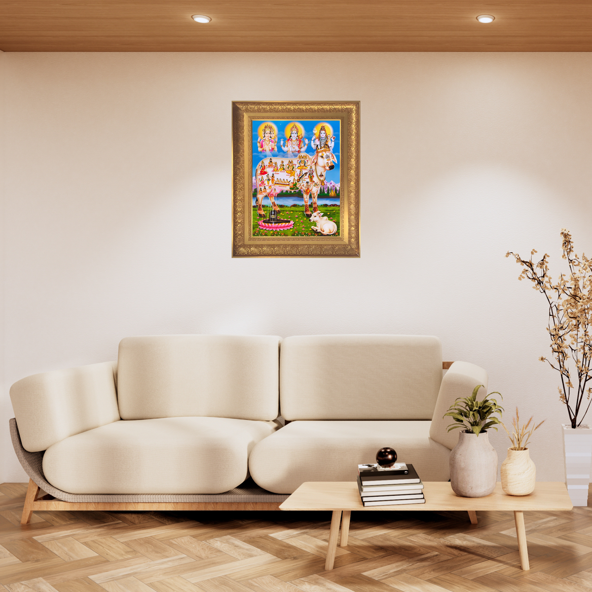 Premium Kamadhenu Wall Art – Divine Cow with Hindu Gods & Deities Hindu Religious Photo Frame