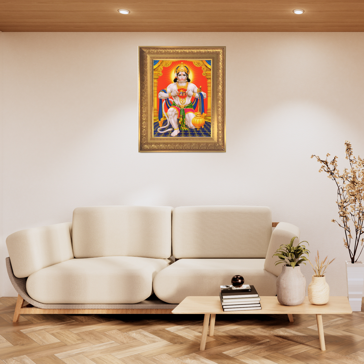 Premium Lord Hanuman Wall Art – Seated Lord Hanuman with Gada Hindu God Photo Frame
