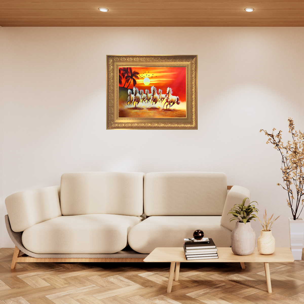 Premium Seven Running Horses Wall Art – Galloping Horses Sunset Landscape Photo Frame