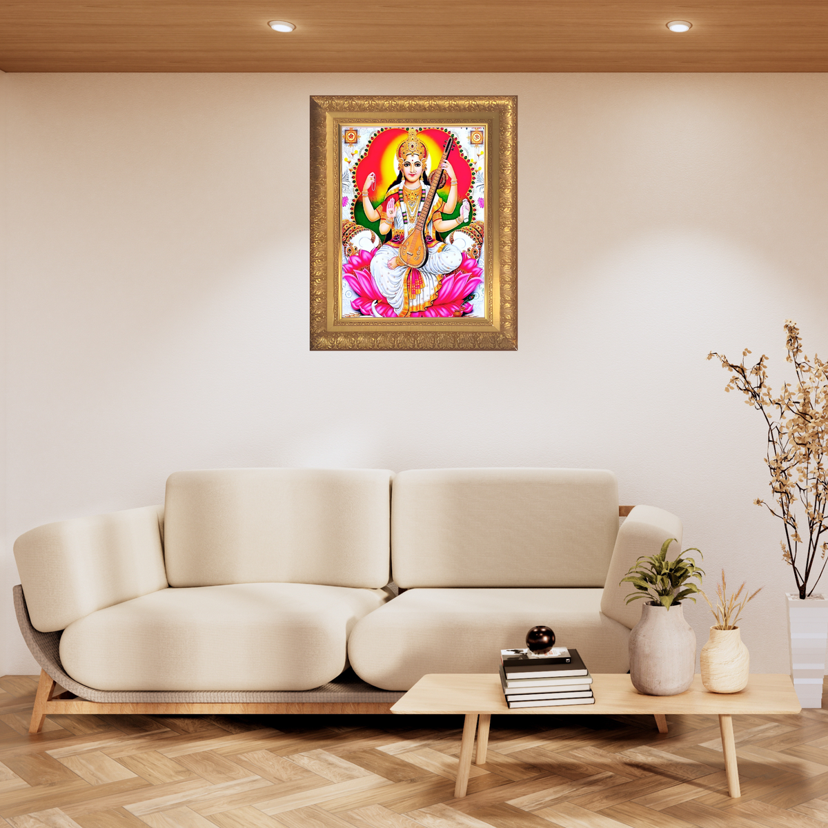 Premium Goddess Saraswati Wall Art – Maa Saraswati with Veena Hindu Goddess Photo Frame