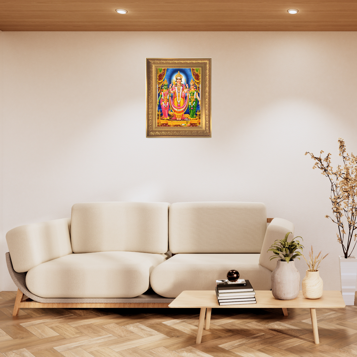 Premium Lord Murugan Wall Art – Subramanya Swamy with Valli and Devasena Hindu God Photo Frame