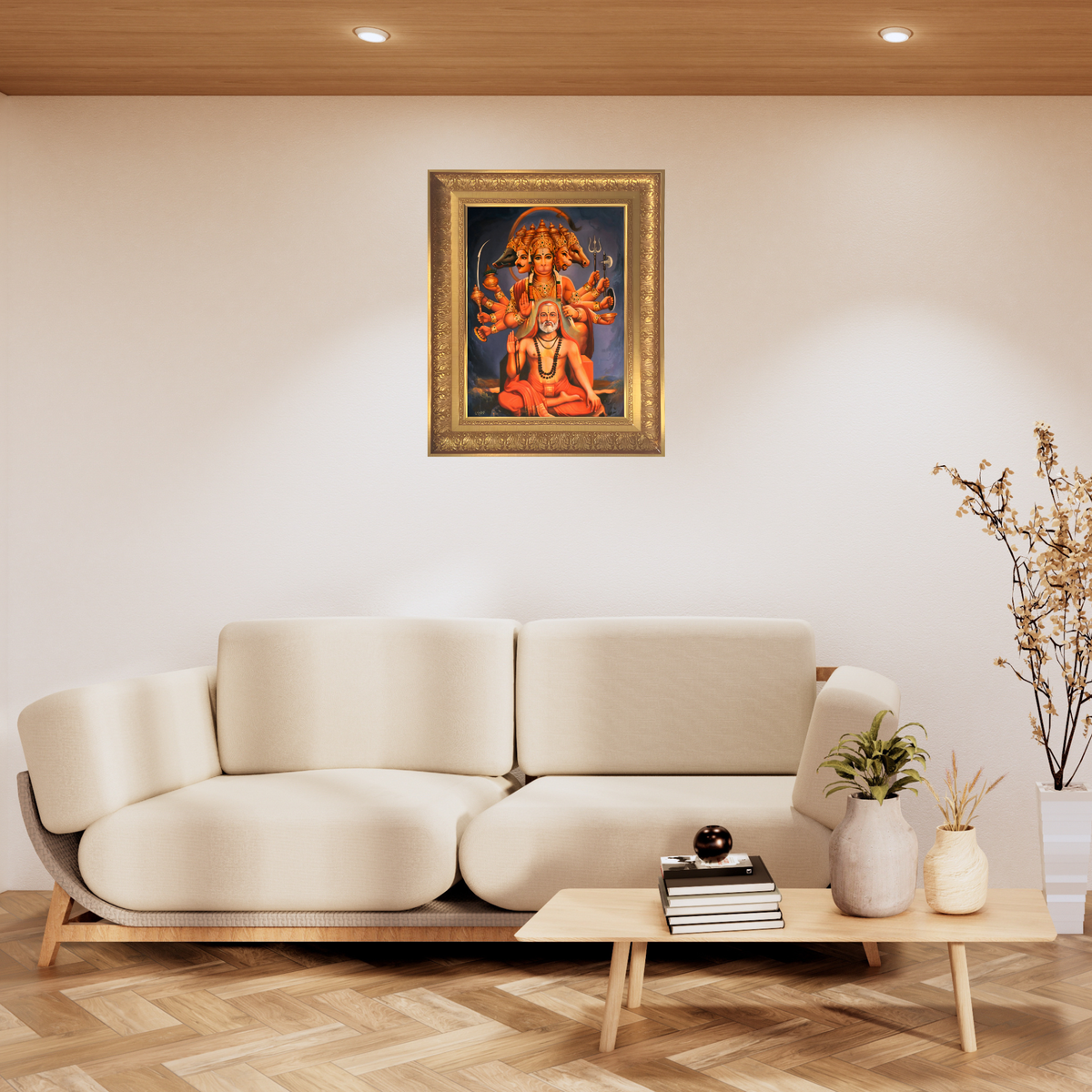 Premium Panchmukhi Hanuman Wall Art with Ragavendra swamy – Five-Faced Lord Hanuman Hindu God Photo Frame | Spiritual Home Décor
