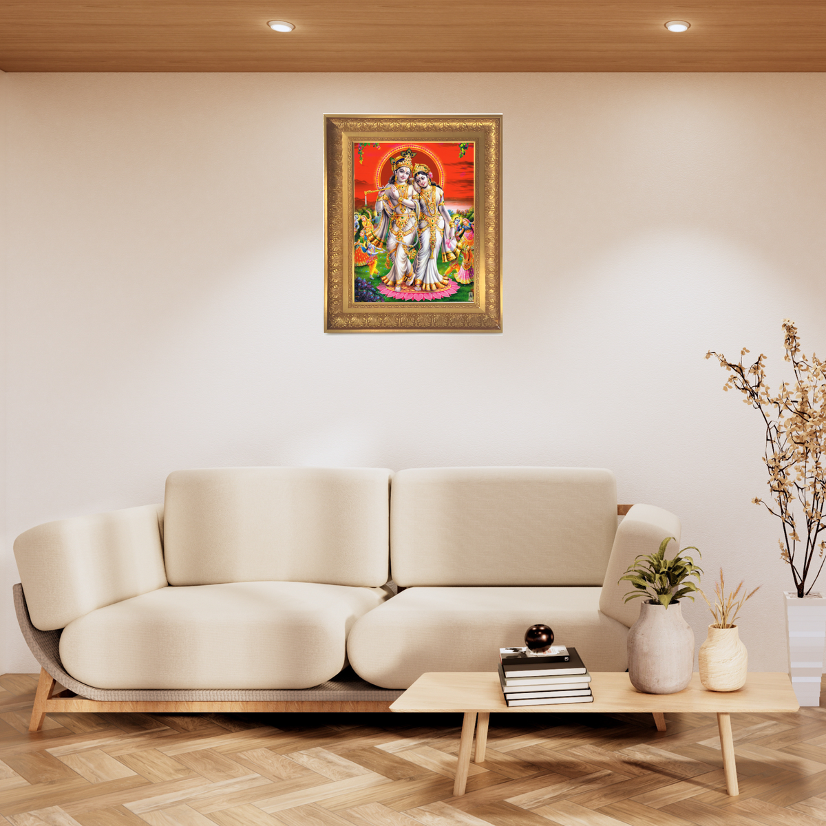 Premium Radha Krishna Wall Art – Lord Krishna Playing Flute with Goddess Radha Hindu Divine Couple Photo