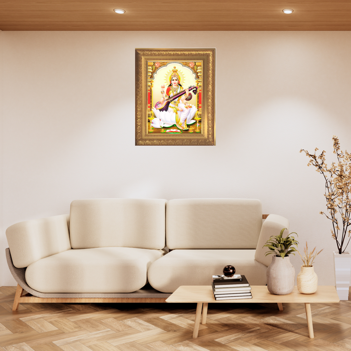 Premium Goddess Saraswati Wall Art – Maa Saraswati Veena Hindu Goddess Photo Frame