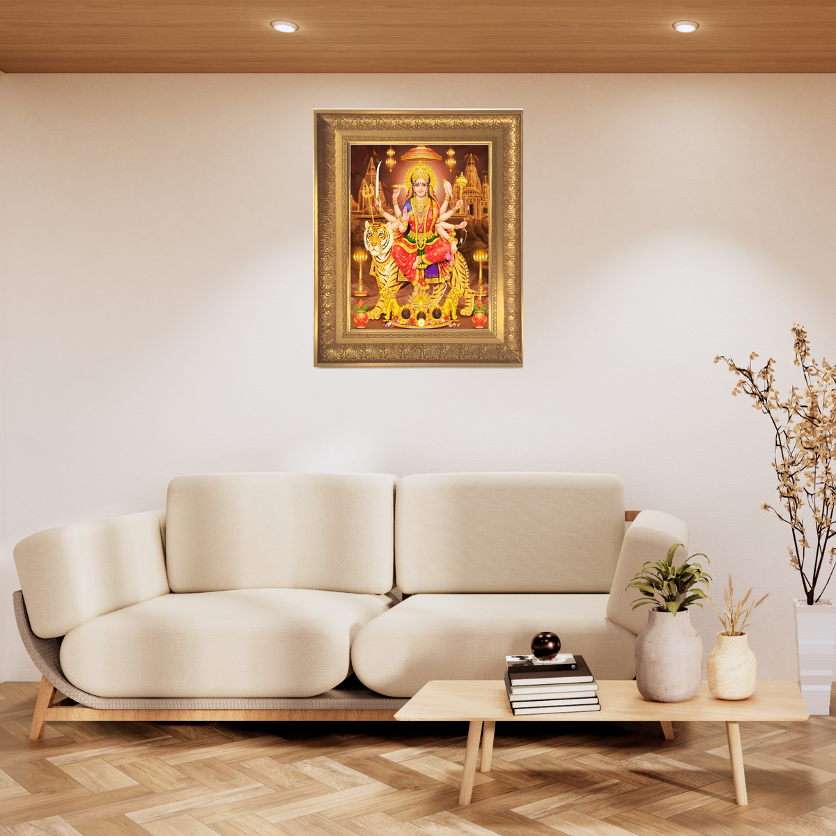 Premium Goddess Durga Wall Art – Maa Durga with Tiger Hindu Goddess Photo Frame