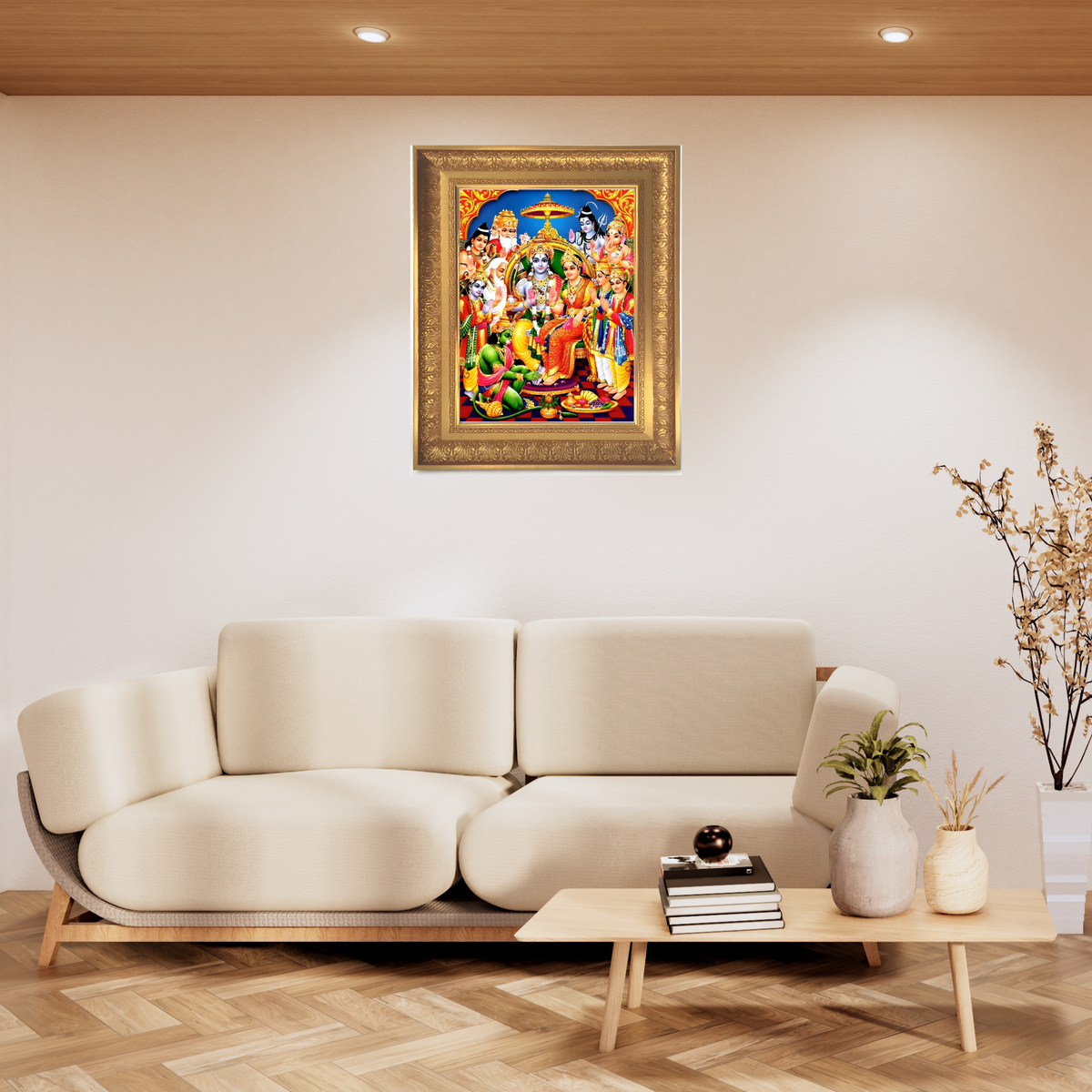 Premium Lord Sri Rama Wall Art –  Lord Rama and Goddess Sita with Hanuman Hindu Devotional Photo Frame