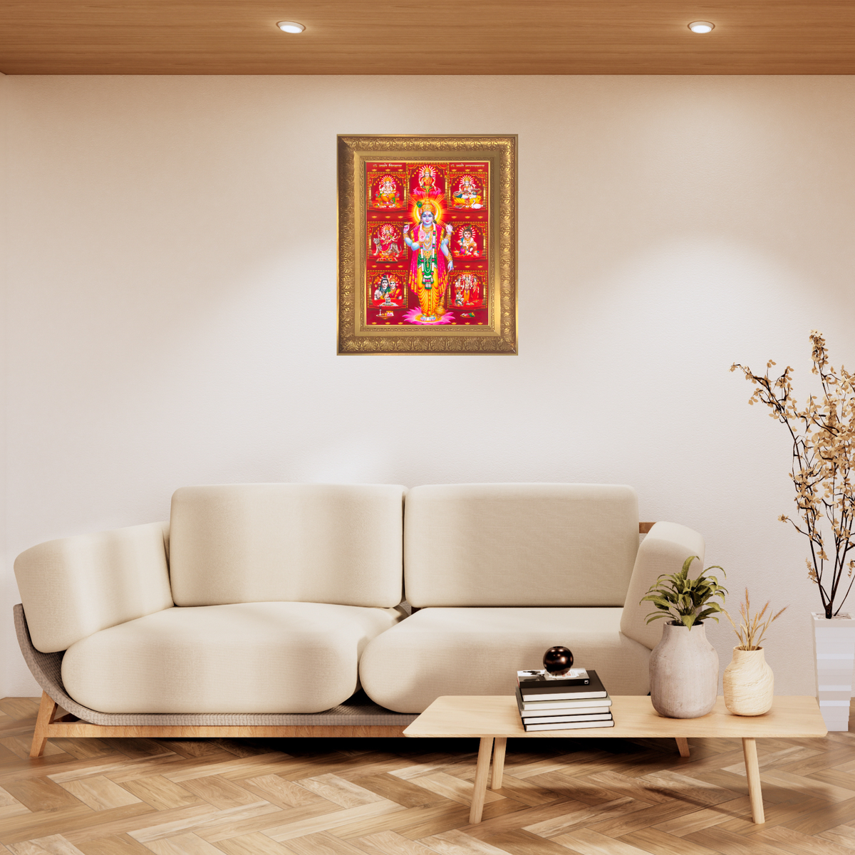 Premium Lord Vishnu Wall Art – Lord Vishnu with Ganesha, Lakshmi, Saraswati & Hindu Deities Photo Frame
