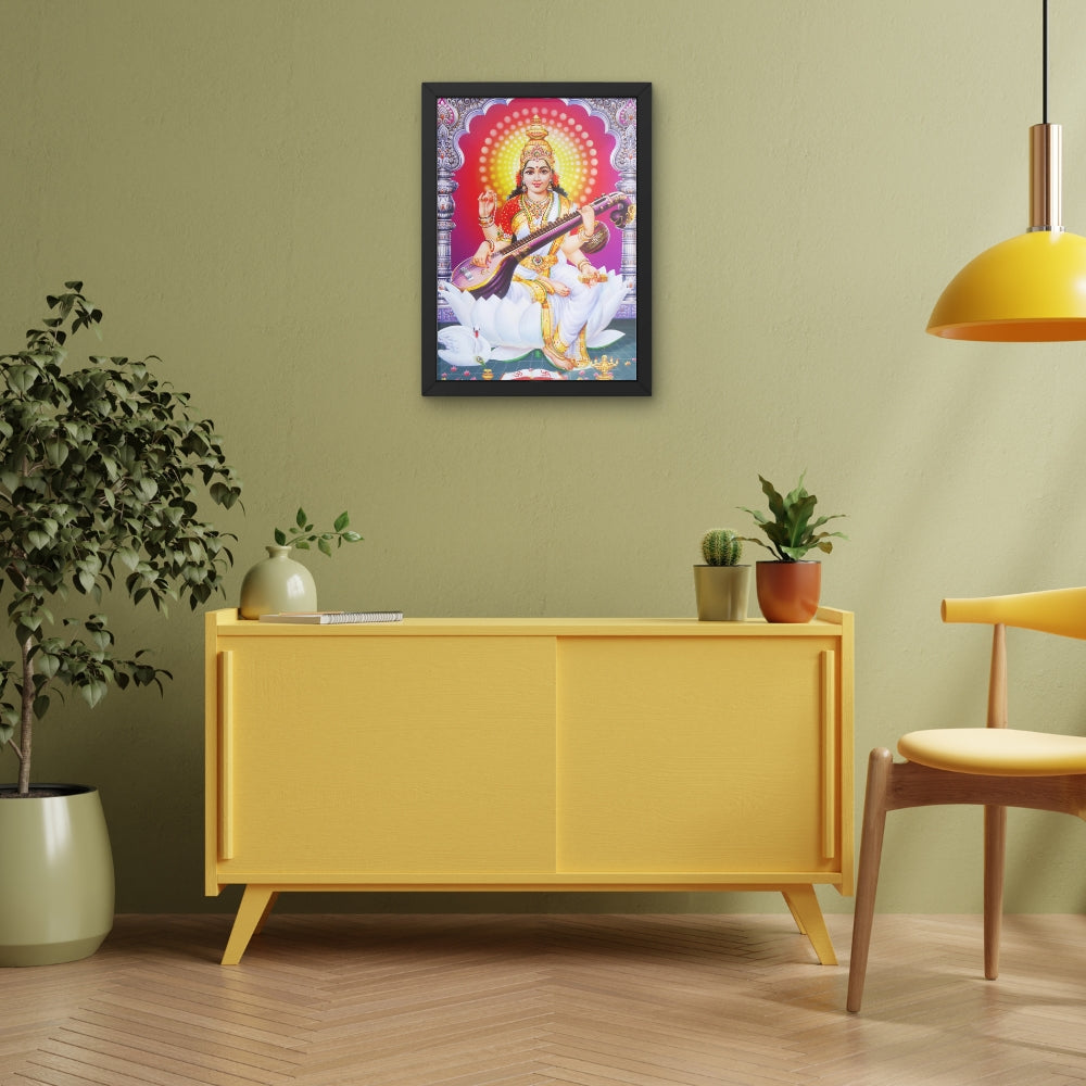 Goddess Saraswati Wall Art – Maa Saraswati Veena Hindu Goddess Photo Frame for Home & Puja Room  Description