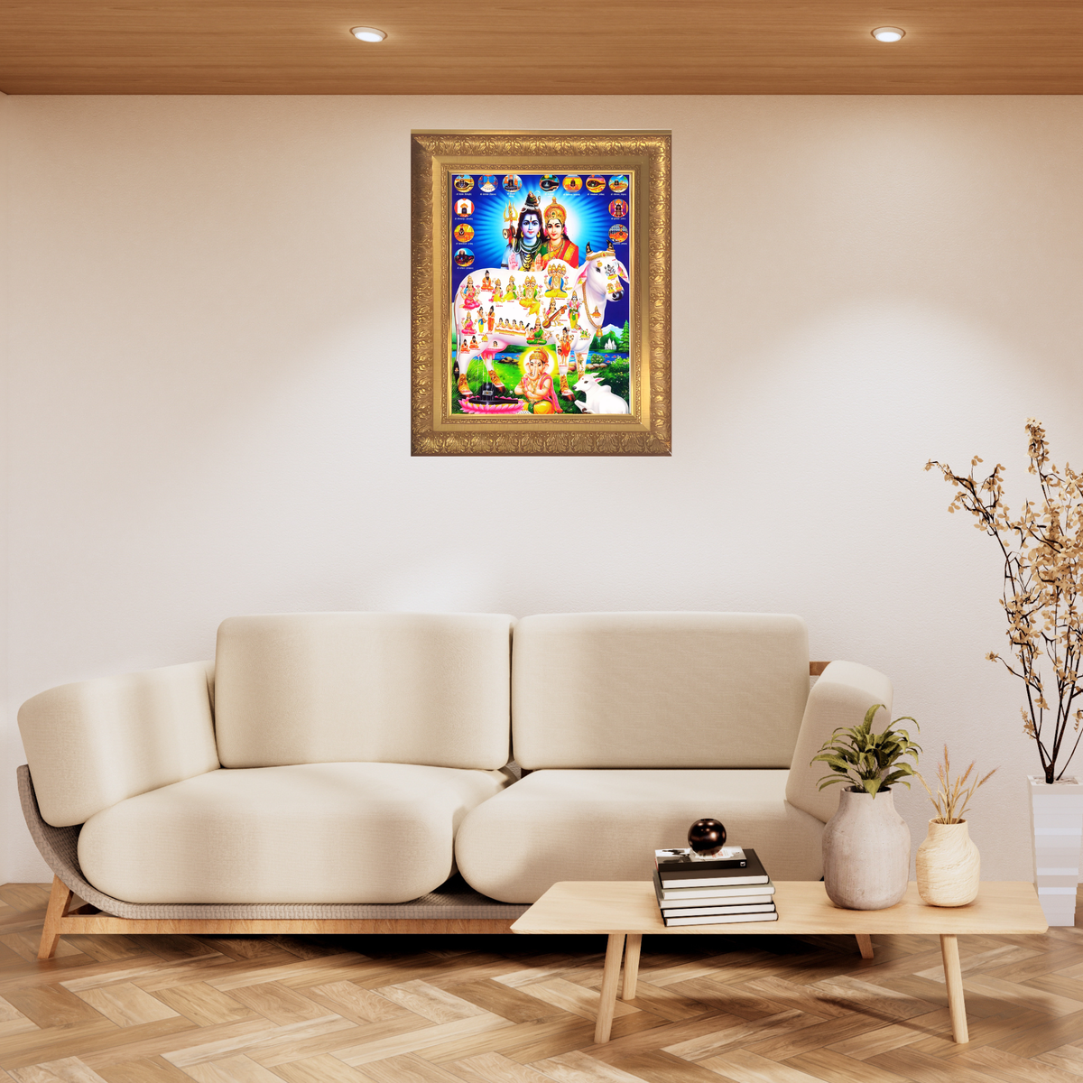 Premium Kamadhenu Wall Art – Sacred Divine Cow with Shiva Parvati & Hindu Gods Photo Frame