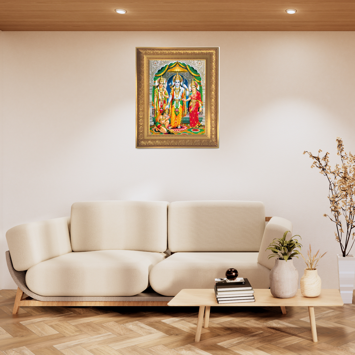 Premium Lord Rama Darbar Wall Art – Sri Ram Sita Lakshman Hanuman Photo Frame | Hindu Religious Home