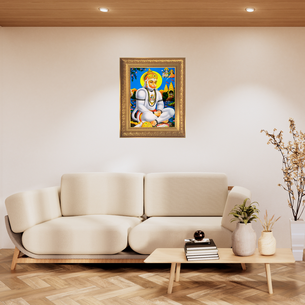 Premium Lord Hanuman Wall Art – Bajrangbali with Lord Rama on His Chest Hindu God Photo Frame