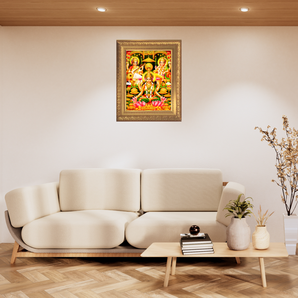 Premium Goddess Lakshmi Wall Art – Lakshmi Saraswati Ganesha Hindu Gods Photo Frame