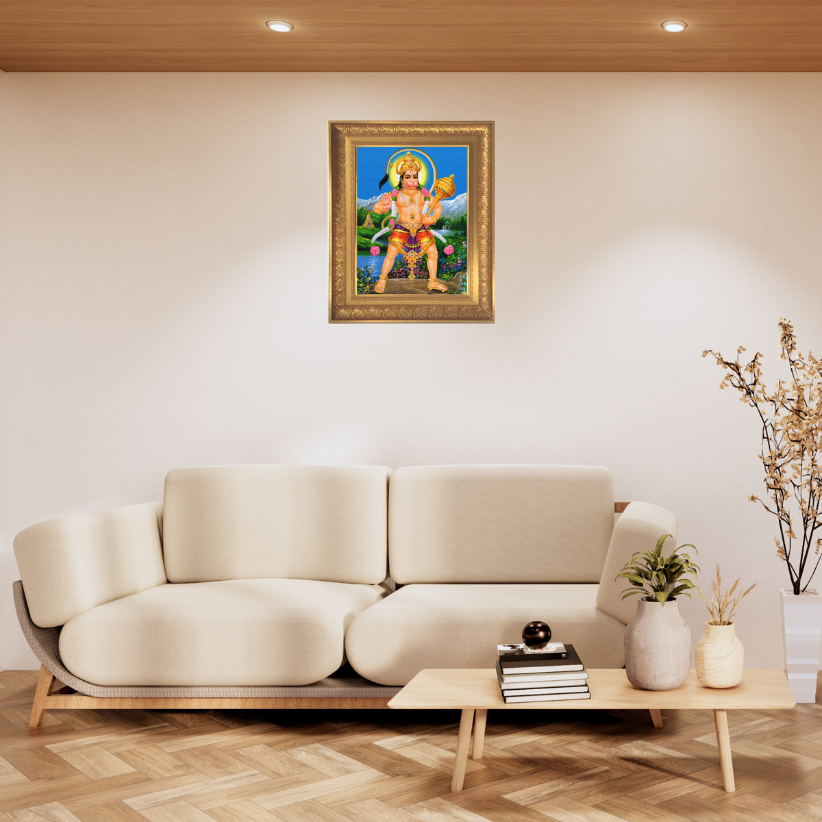 Premium Lord Hanuman Wall Art – Bajrangbali with Gada Hindu God Photo Frame