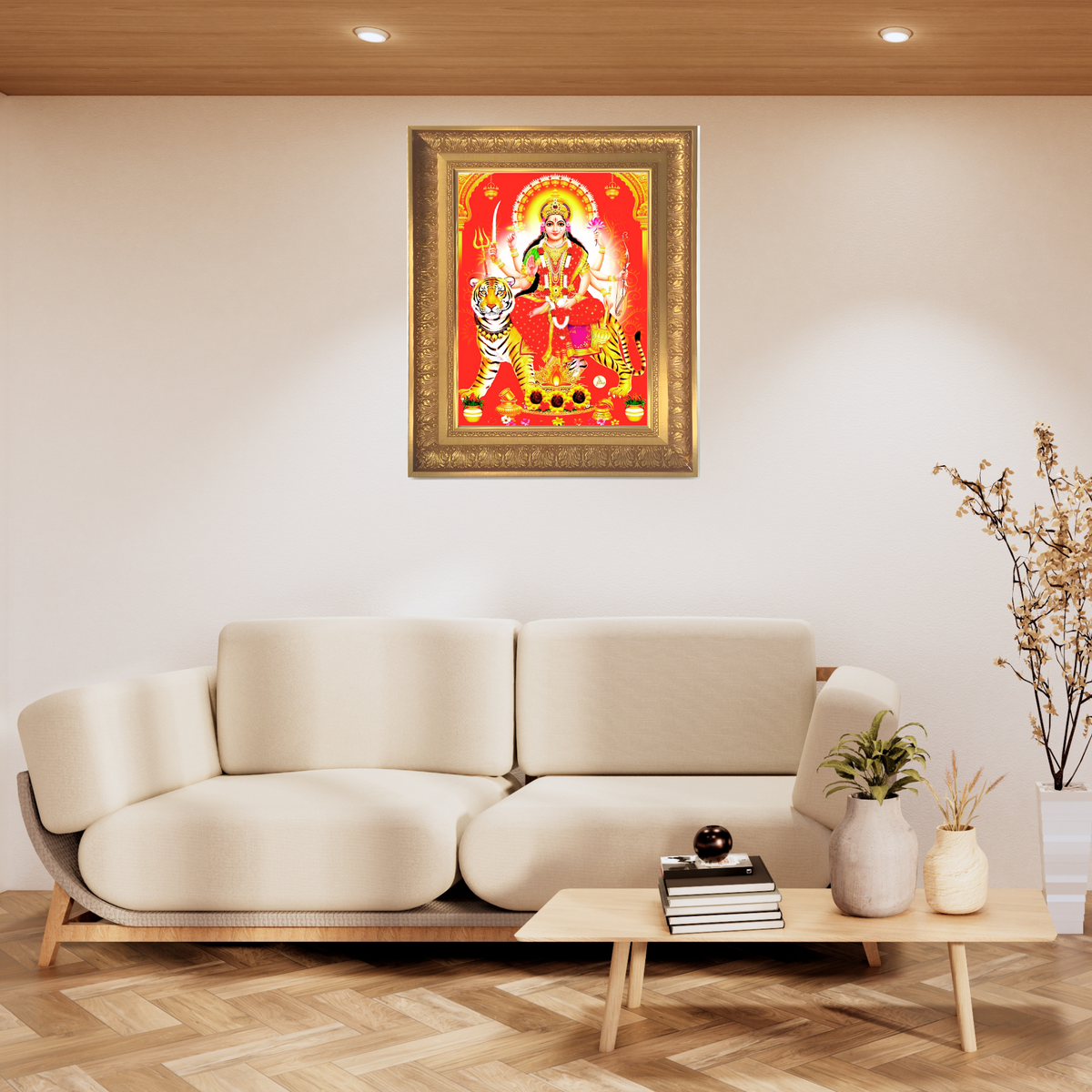 Premium Goddess Durga Wall Art – Maa Durga with Tiger Hindu Goddess Photo Frame