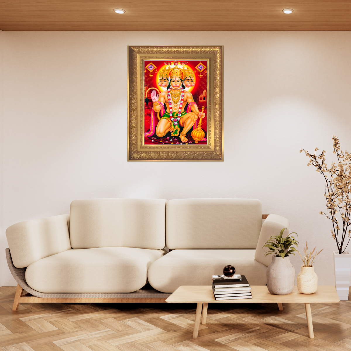 Premium Panchmukhi Hanuman Wall Art – Five-Faced Lord Hanuman with Gada Hindu God Photo Frame