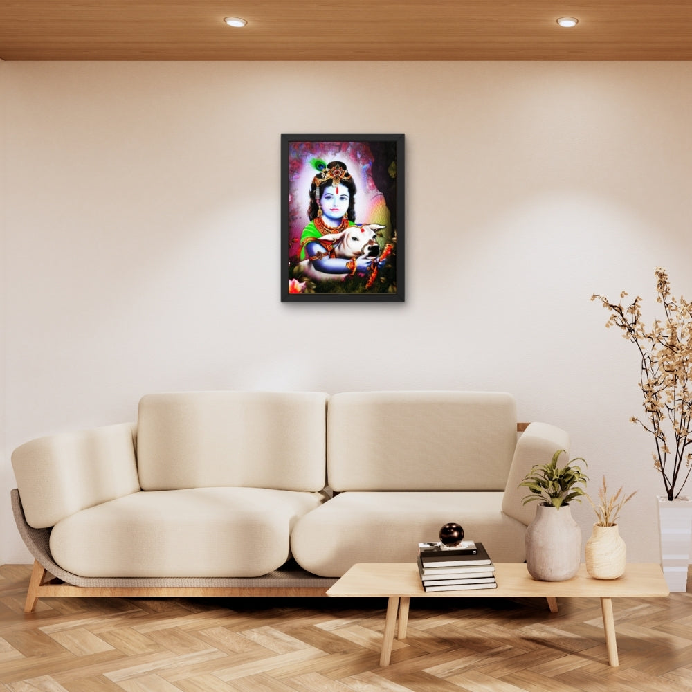 Bal Krishna with Cow Wall Art – Lord Krishna Hindu God Devotional Photo Frame