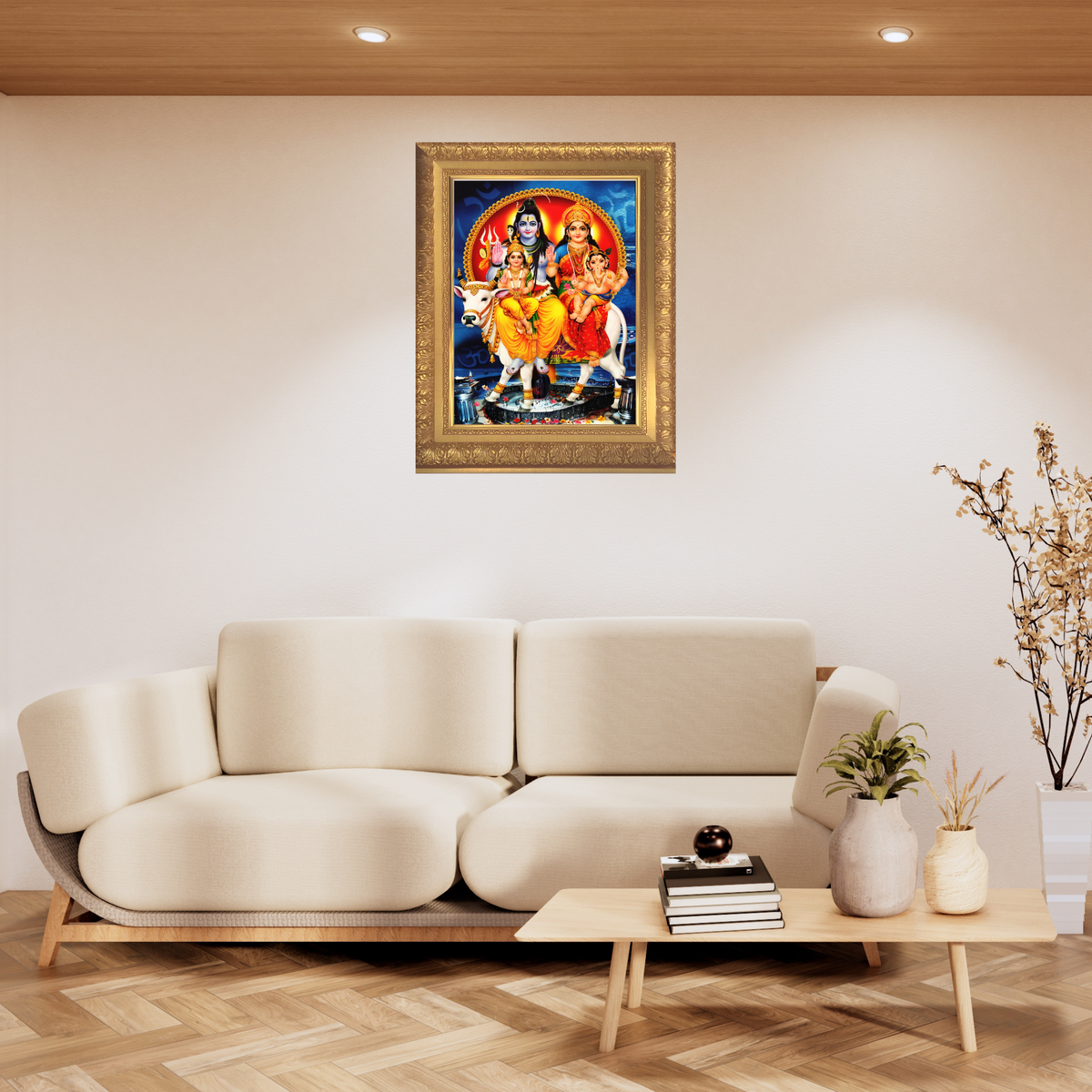 Premium Lord Shiva Family Wall Art – Shiva Parvati with Lord Ganesha and Kartikeya Hindu God Photo Frame