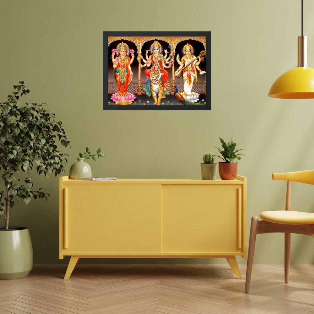 Goddess Durgadevi with Mahalaxmi and Saraswathi devi Wall Art - Durgadevi with Mahalaxmi and Saraswathi devi Hindu God Photo Frame