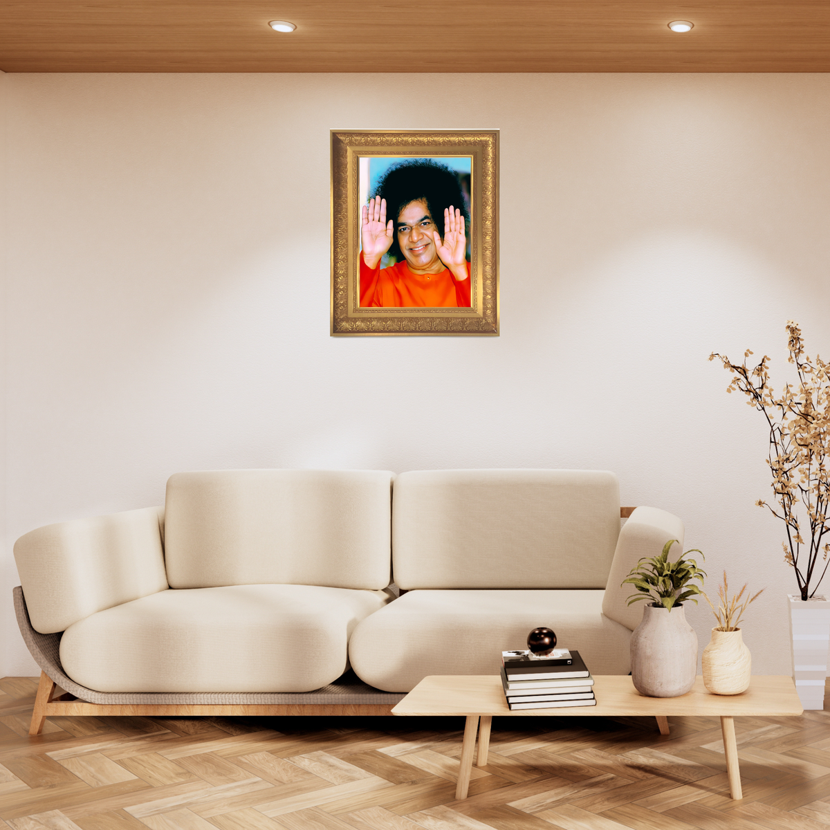 Premium Puttaparthi Sai Baba Wall Art – Sri Sathya Sai Baba Photo Frame | Spiritual Hindu Religious Home Décor