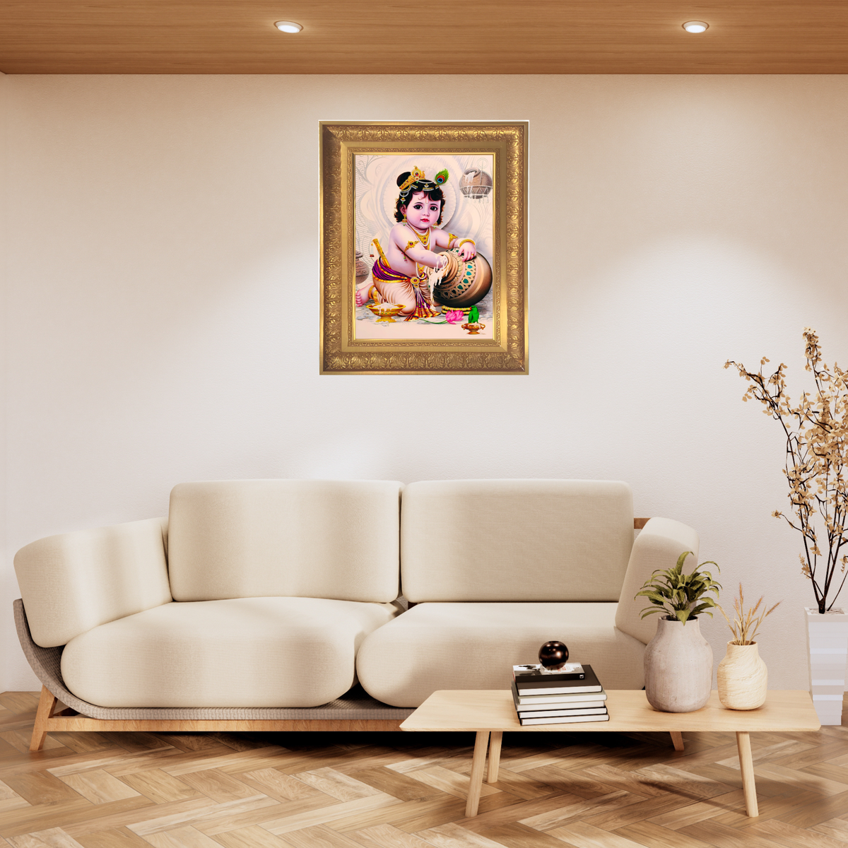 Premium Balakrishna Wall Art – Baby Krishna with Butter Hindu God Photo Frame