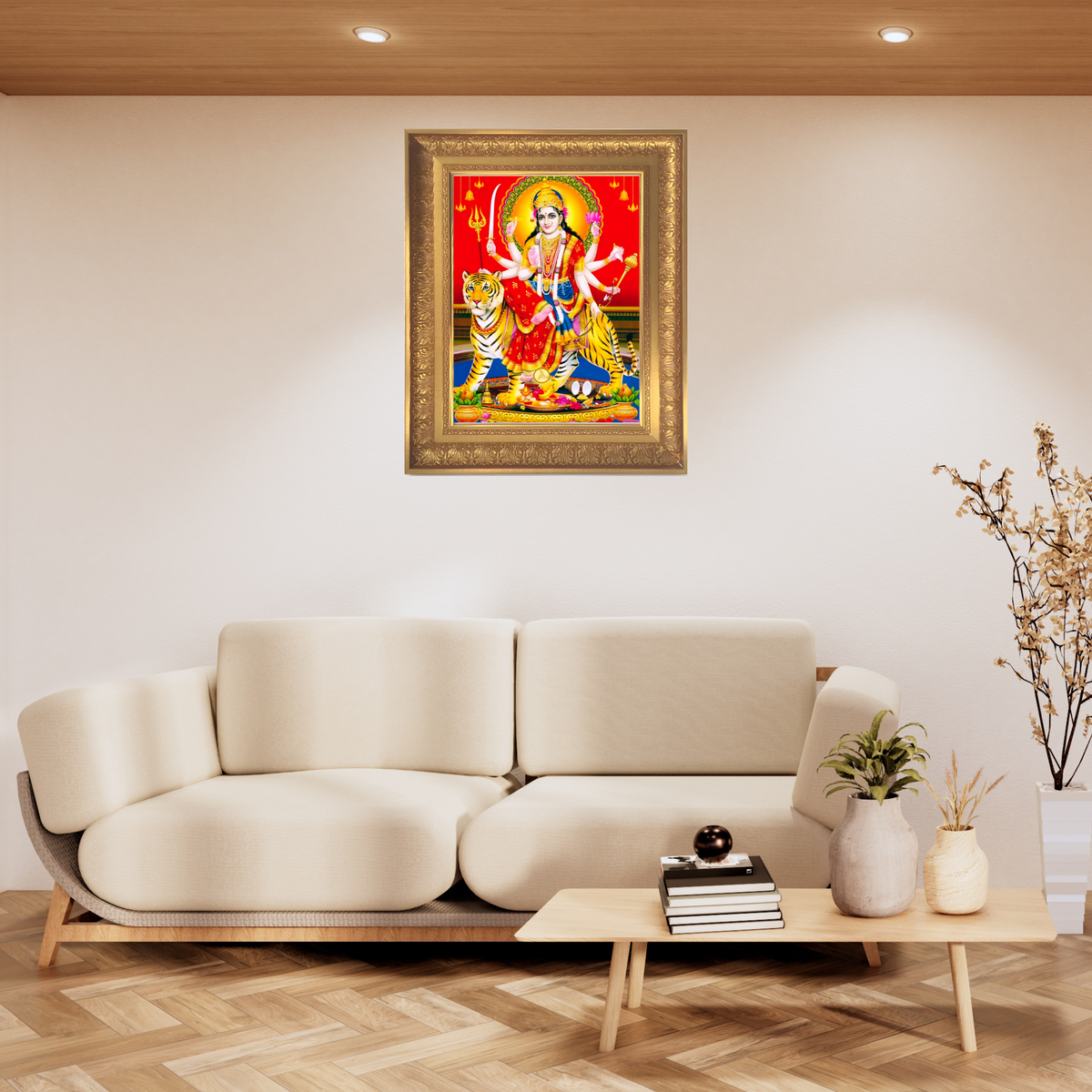 Premium Goddess Durga Wall Art – Maa Durga with Tiger Hindu Goddess Photo Frame