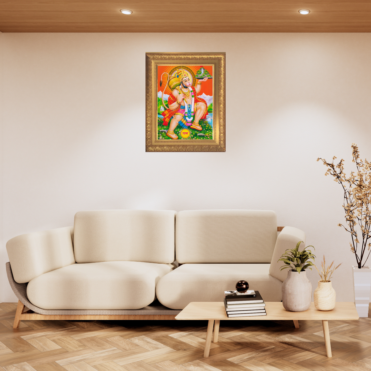 Premium Lord Hanuman Wall Art – Sanjeevani Mountain Carrying Hanuman Hindu God Photo Frame
