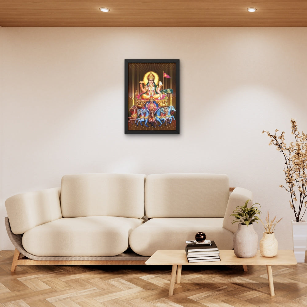 Surya Dev Wall Art – Lord Surya with Seven Horses Hindu God Photo Frame for Home & Puja Room