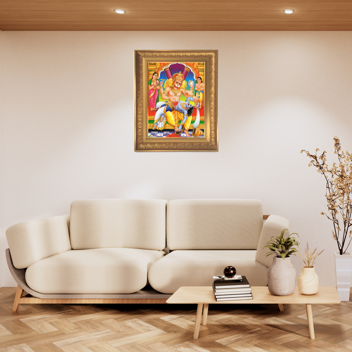 Premium Lord Narasimha Wall Art – Ugra Narasimha Killing Hiranyakashipu Hindu God Devotional Photo Frame