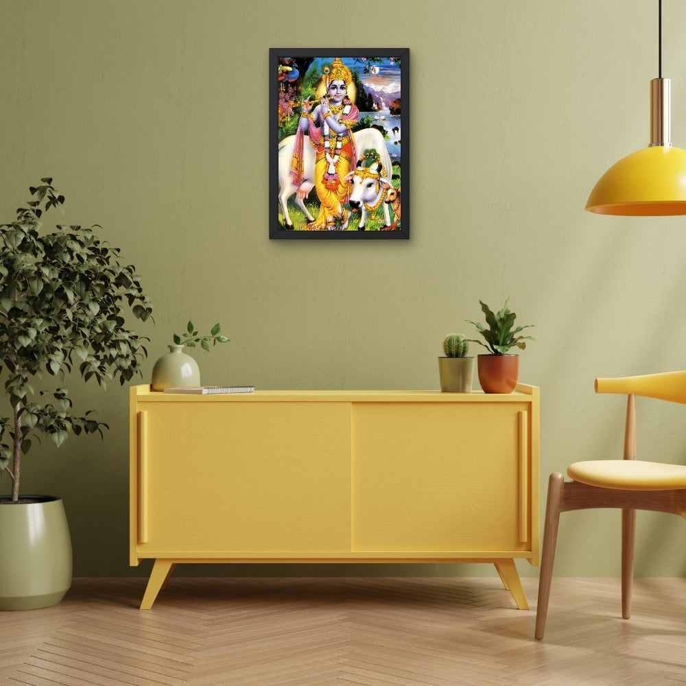 Lord Krishna with Cows Wall Art – Shri Krishna Playing Flute Hindu God Photo Frame