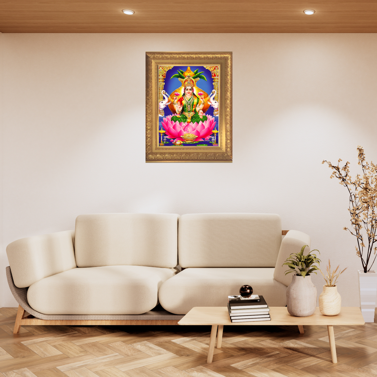 Premium Goddess Lakshmi Wall Art – Lakshmi Devi with Elephants Lotus Hindu Goddess Photo Frame