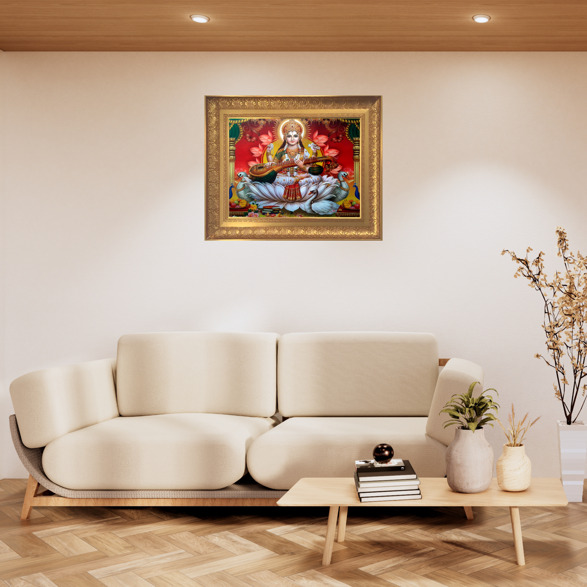 Premium Goddess Saraswati Wall Art – Veena Playing Saraswati Hindu Goddess Photo Frame