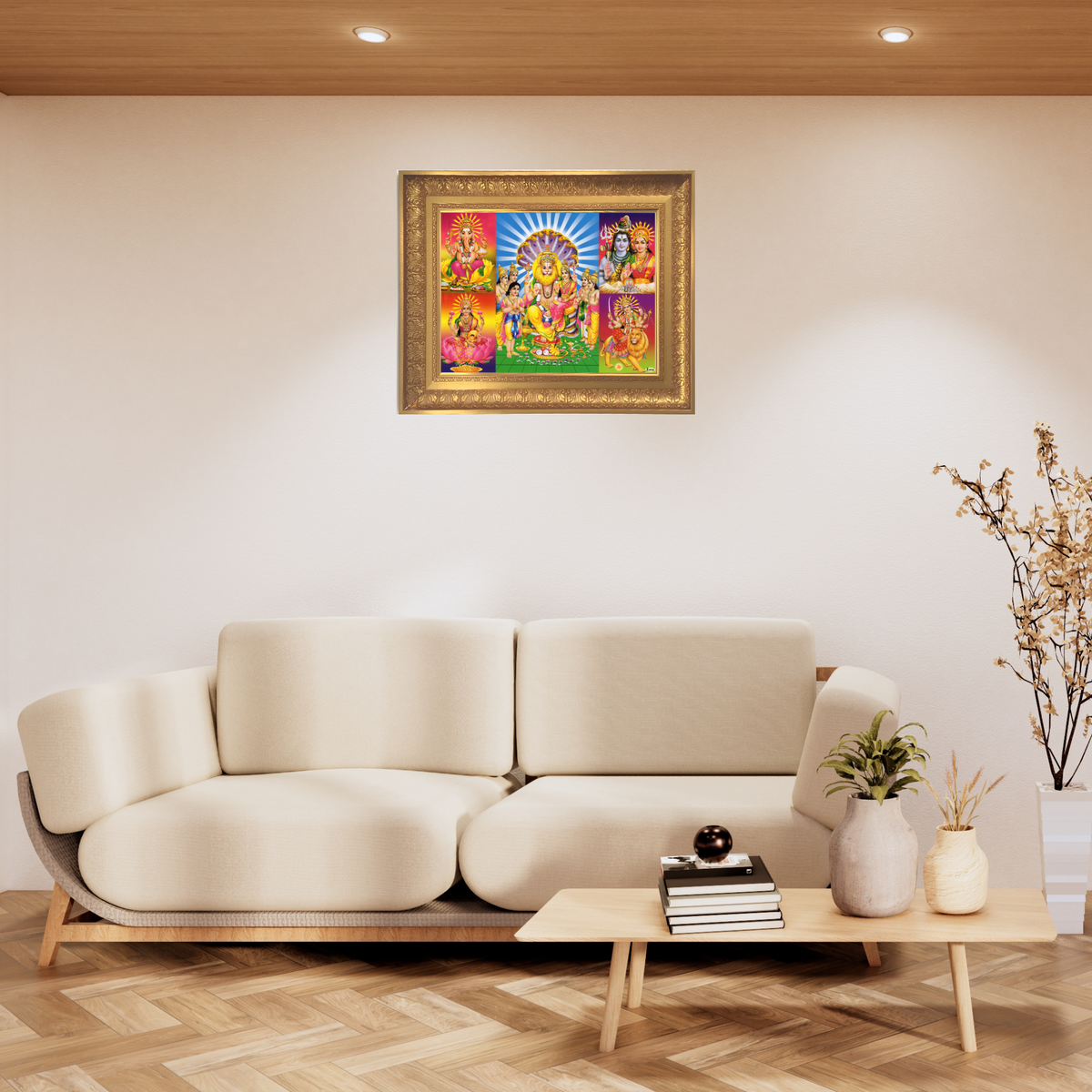 Premium Lord Narasimha with Lakshmi Wall Art – Hindu Gods Ganesha Shiva Parvati Durga Religious Photo Frame