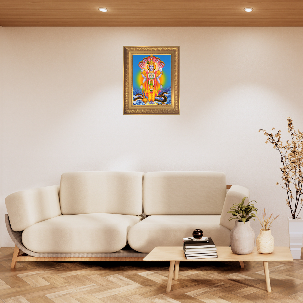Premium Lord Vishnu Wall Art – Sri Ananta Narayana with Adishesha Hindu God Photo Frame