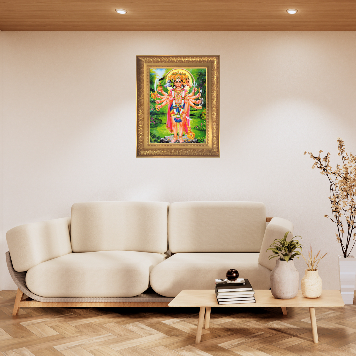 Premium Panchmukhi Hanuman Wall Art – Five-Faced Lord Hanuman Hindu God Photo Frame | Spiritual Home Décor