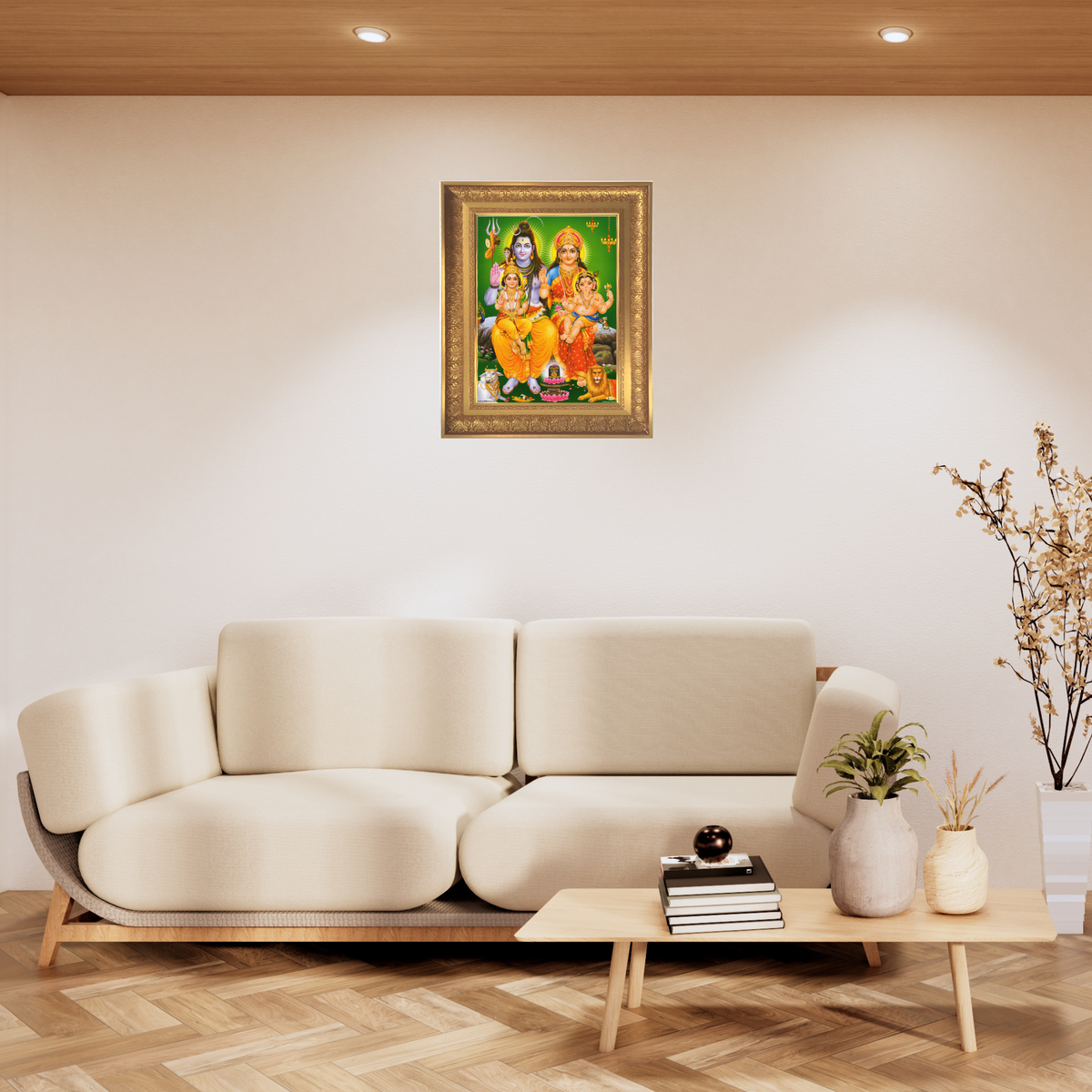 Premium Shiva Parivar Wall Art – Lord Shiva, Goddess Parvati, Lord Ganesha & Kartikeya Hindu Family Photo Frame