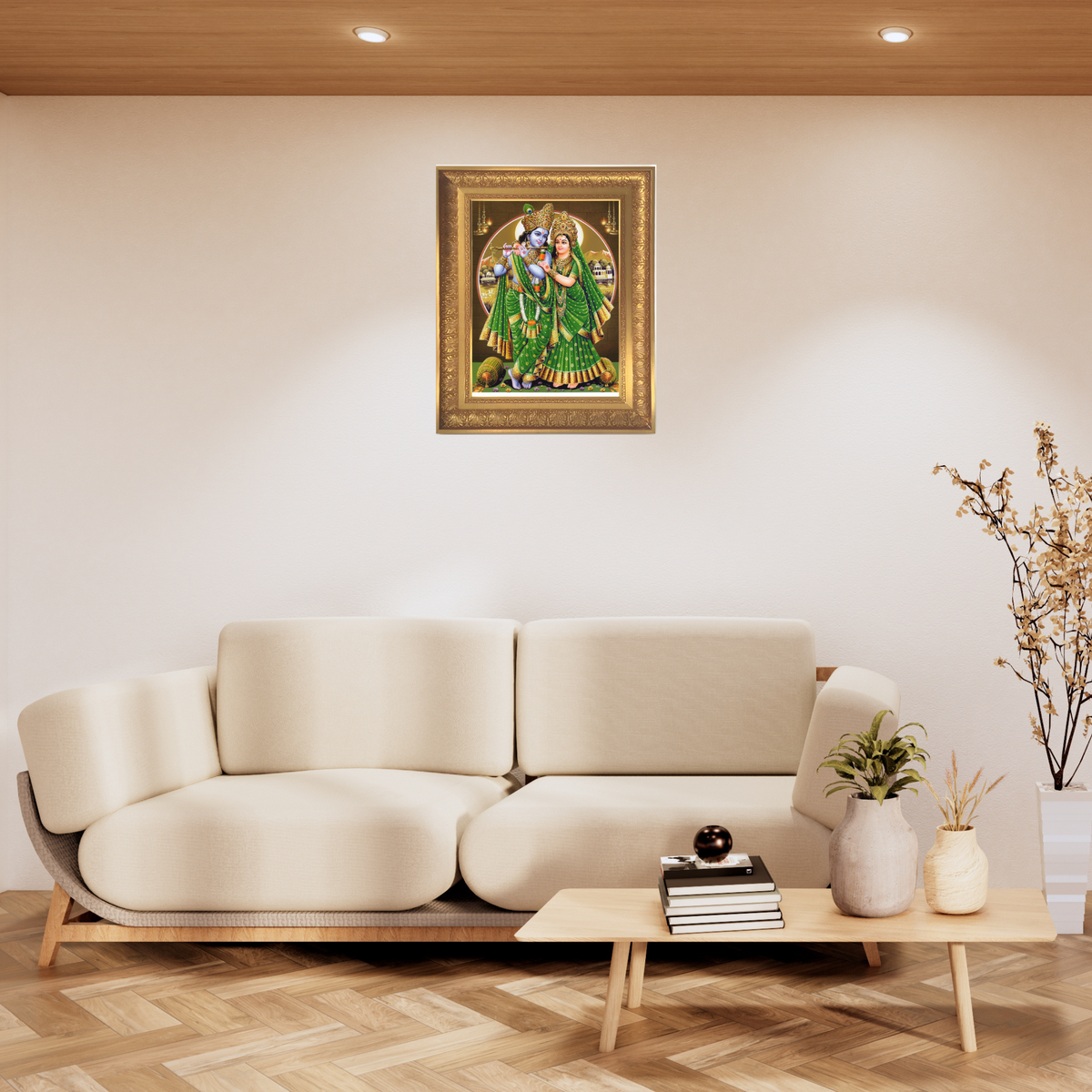 Premium Radha Krishna Wall Art – Lord Krishna Playing Flute with Goddess Radha Hindu Divine Couple Photo