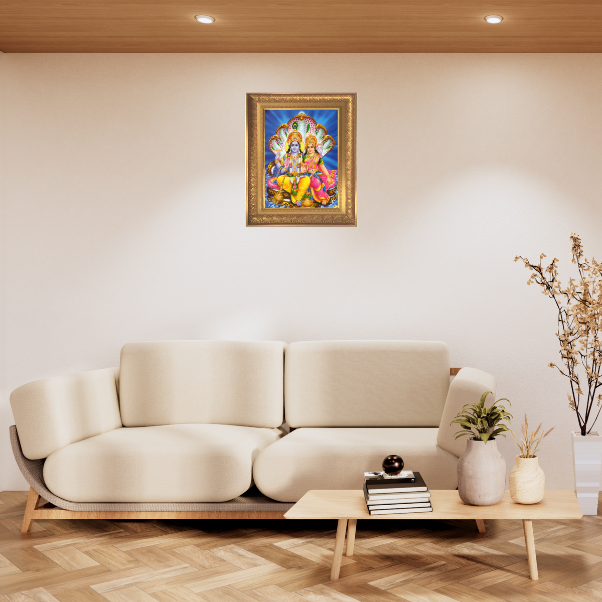 Premium Lord Vishnu Wall Art – Sri Lakshmi Narayan with Adishesha Hindu God Devotional Photo Frame