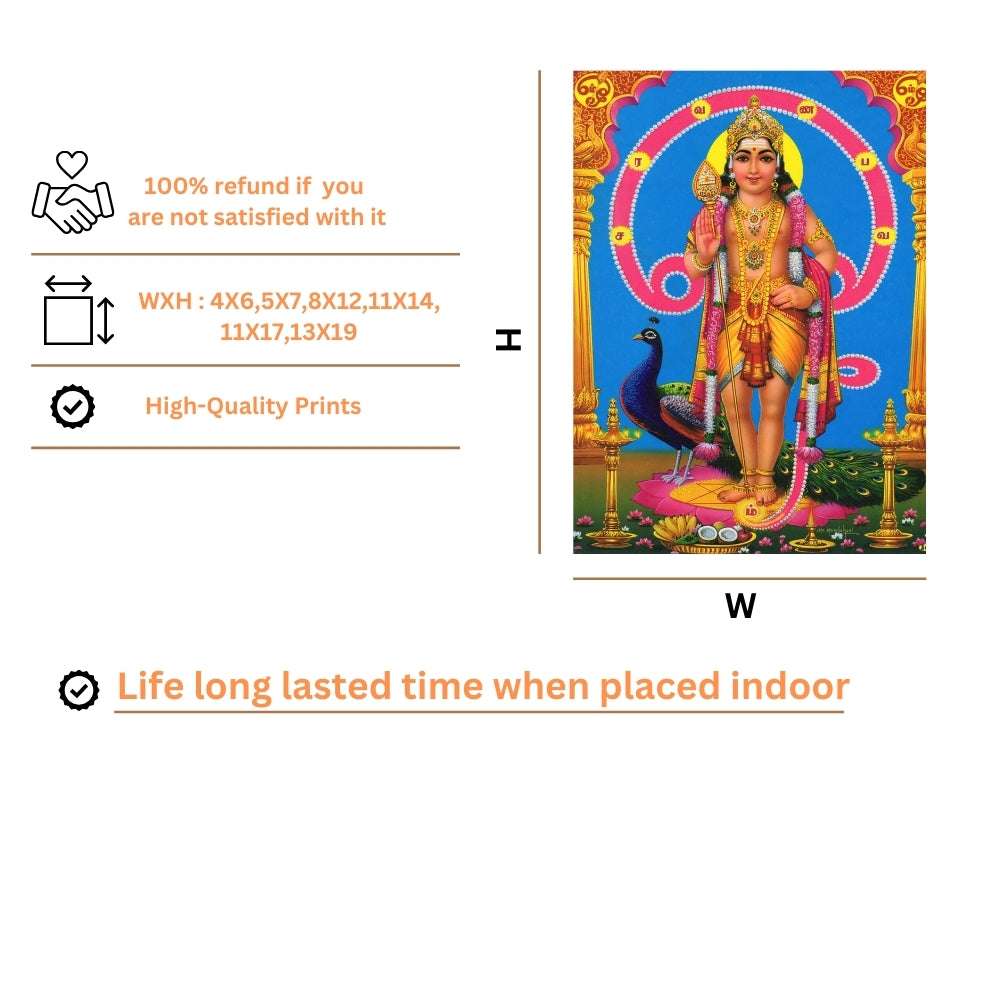 Lord Murugan Wall Art – Tamil God Murugan with Peacock & Vel Hindu God Photo Frame