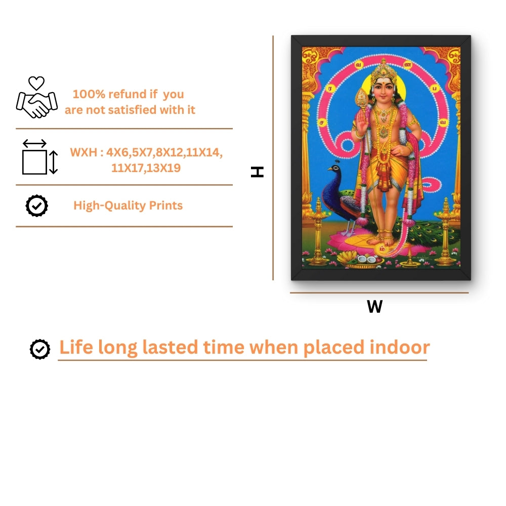 Lord Murugan Wall Art – Tamil God Murugan with Peacock & Vel Hindu God Photo Frame