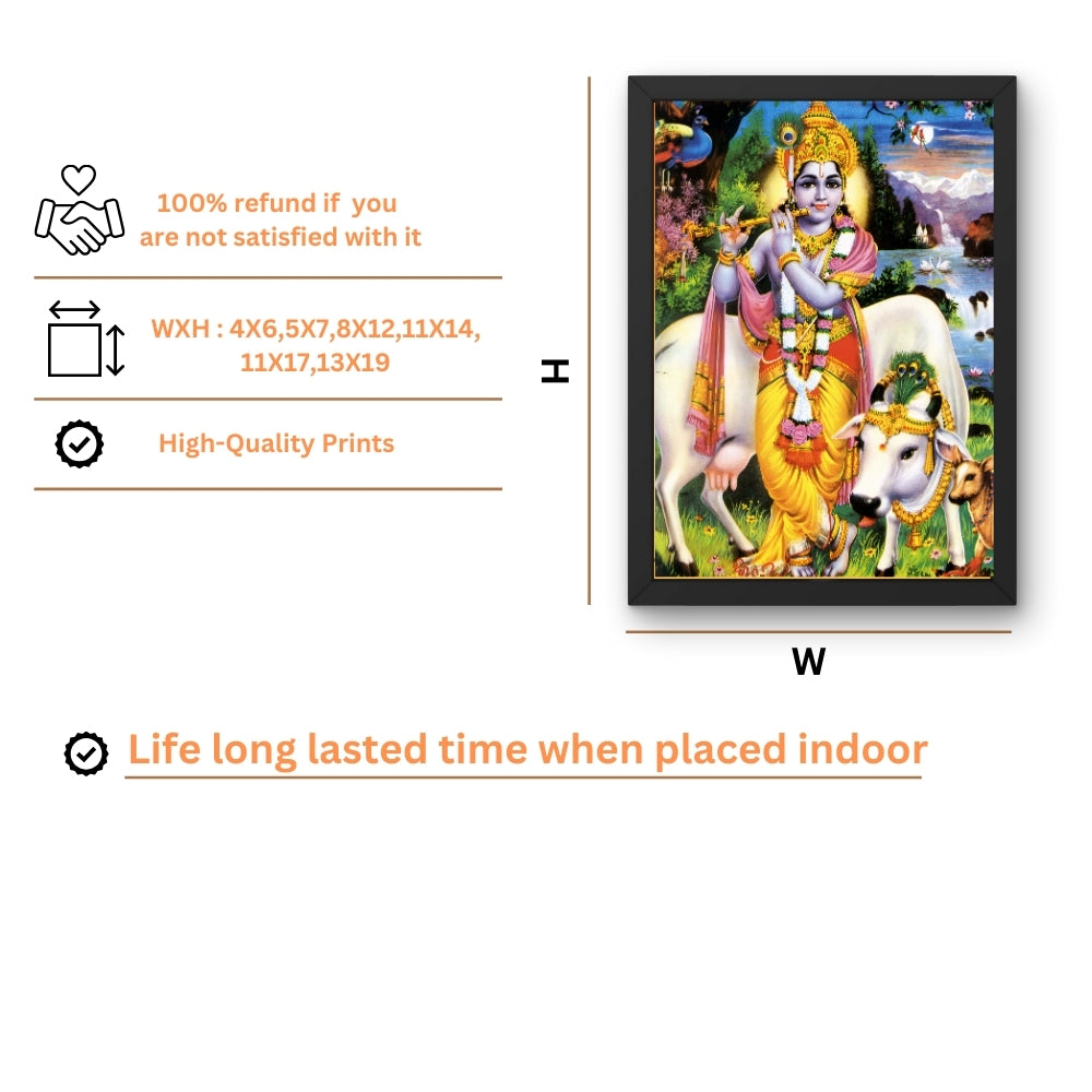 Lord Krishna with Cows Wall Art – Shri Krishna Playing Flute Hindu God Photo Frame