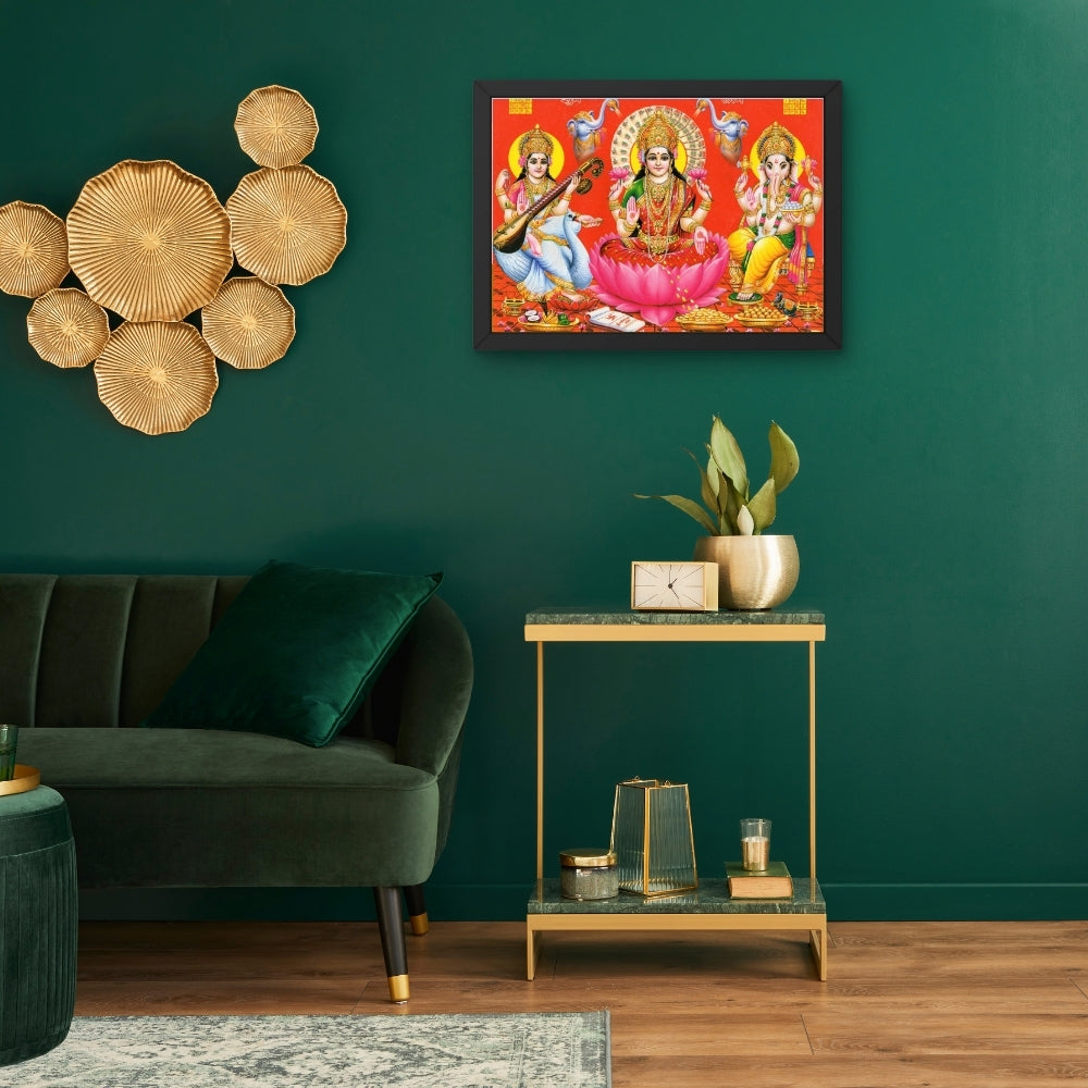 Lord Ganapthi sarswathi Laxmi wall art- Goddess Laxmi saraswathi with Ganapathi phot frame